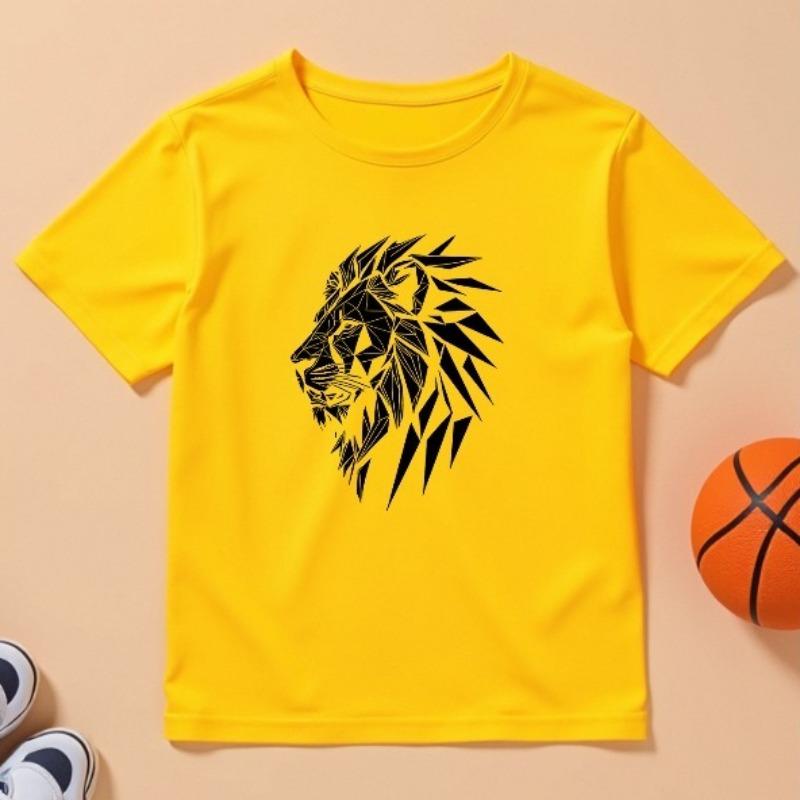Kids Geometric Lion Head Print Crewneck Breathable Summer Short Sleeve Tee