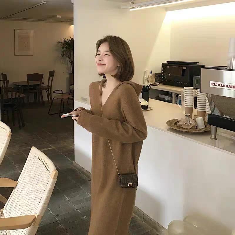 Hooded knitted dress women's autumn and winter inner wear loose lazy style temperament medium and long knee sweater backing skirt