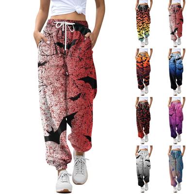 Pantalones deportivos casuales de moda para mujer con estampado de Halloween, pantalones de chándal, cintura elástica con cordón, pantalones con cordón