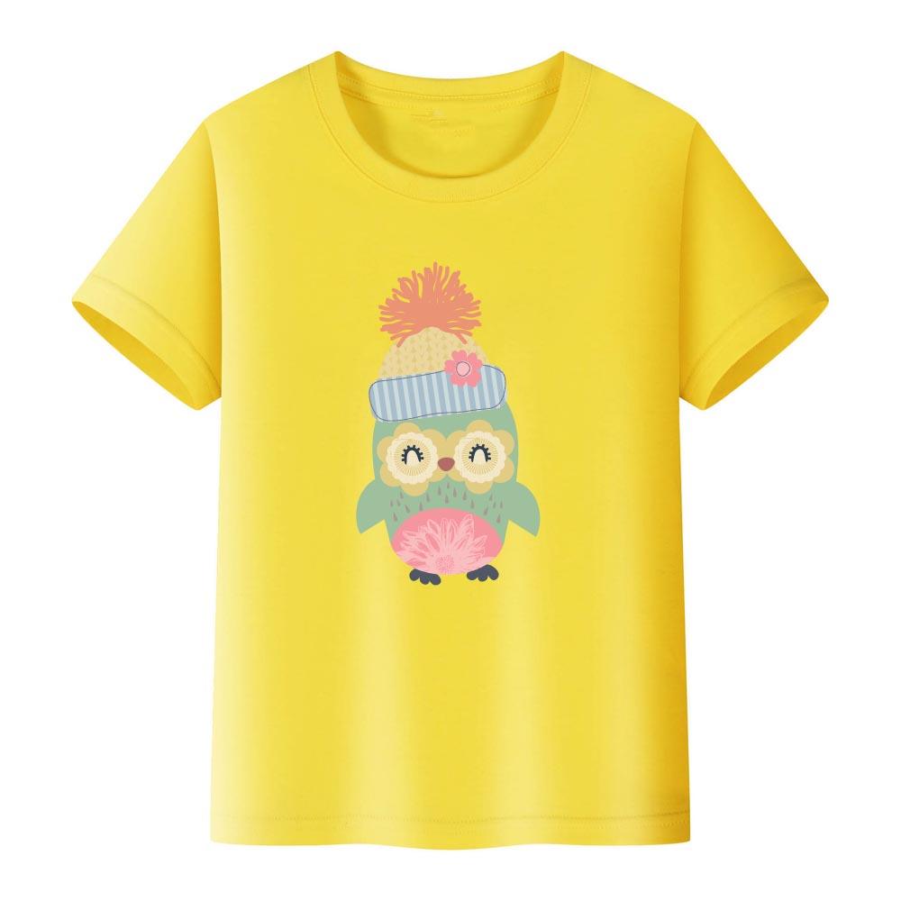 100% Cotton Girls' T-shirt Cute Cat and Penguin 2D Print Short-sleeved Casual Top for Children, Suitable for Both Boys and Girls