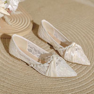 Fashion Wedding Shoes Woman Sexy Lace Flats Pearl Beading Ballerian Shoes Pointed Toe Cutout Moccasins 35-43 Big Size Crystal Loafers