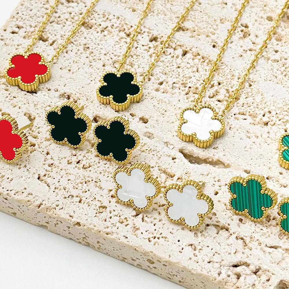 ALTERA 2Pcs Luxury 5 Leaf Flower Pendant Necklace Earrings for Women Gift Fashion Stainless Steel Double Side Clover Zircon Set