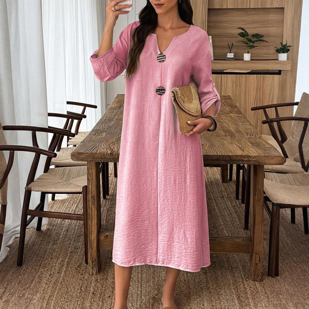 Women's Fashionable Casual V-neck Long-sleeved Color Dress