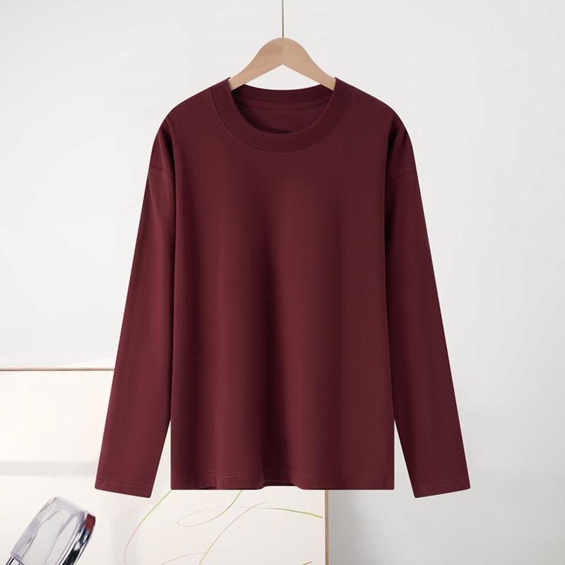 Minimalist Interior Base Shirt for Women, Autumn Long Sleeved Pure Cotton Shoulder T-shirt for Men, Round Neck Solid Color Couple's Clothing