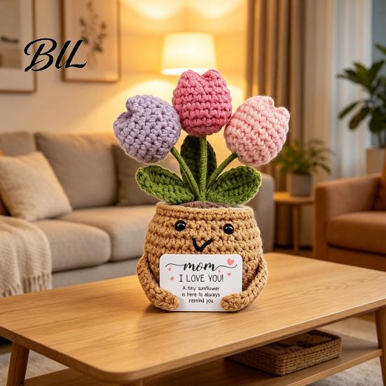 Never Fading Flower Positive Crochet Tulip Wildflower Thank You Gifts for Women Mom Friends Handmade Floral Keepsake Potted Doll with Card Emotional