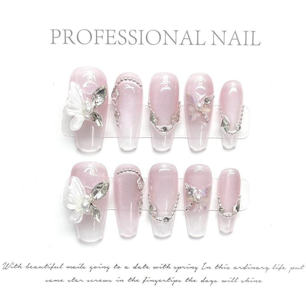 HANDMADE Press On Artificial Nail Medium Coffin Shape Pink Transparent Gradient Jade Butterfly Floating Phototherapy Nails Fake Nails with Toolkit