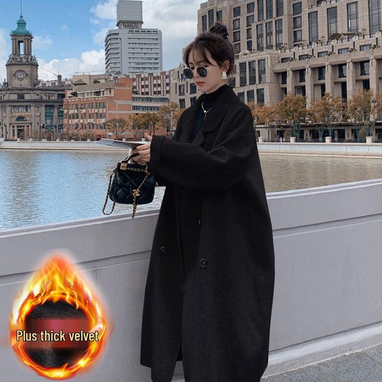 

Women s Petite Mid-Length Thickened Black Wool Coat – Versatile, High-End Feel for Autumn & Winter L