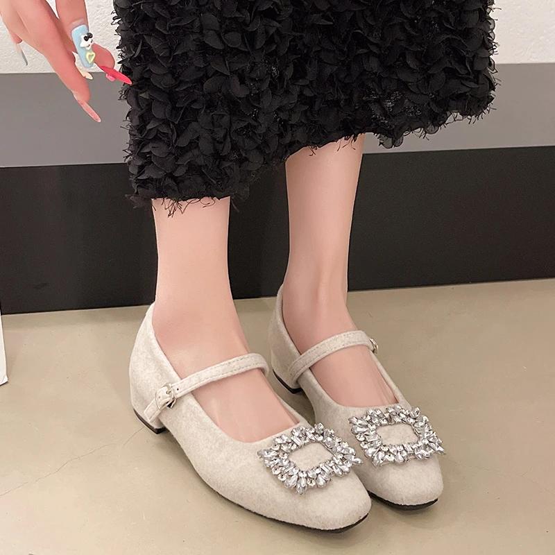 Fashion Flat Retro Square Toe Mary Jane Shoes Women's Outside Wear 2025 Spring New Rhinestone Square Button Single Shoes