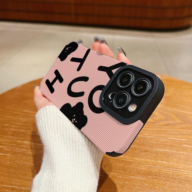 Vertical Leather Shell Youth Black Bear Printed Patterned Shockproof Soft Silicone Case with Camera Lens Full Protection for IPhone Samsung