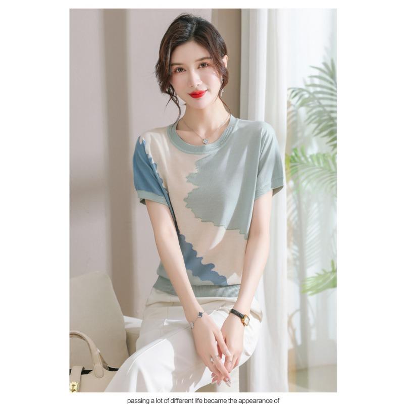 Women Summer New Ice Silk Round Neck Short Sleeve T Shirt Elegant Loose Thin Knit Top