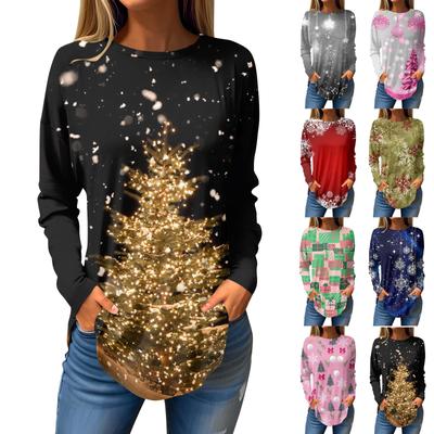 T-Shirts für Damen, Herbst, lässige Langarmshirts, Sweatshirt, Vintage-Grafikdruck, Top, Pullover, Weihnachten
