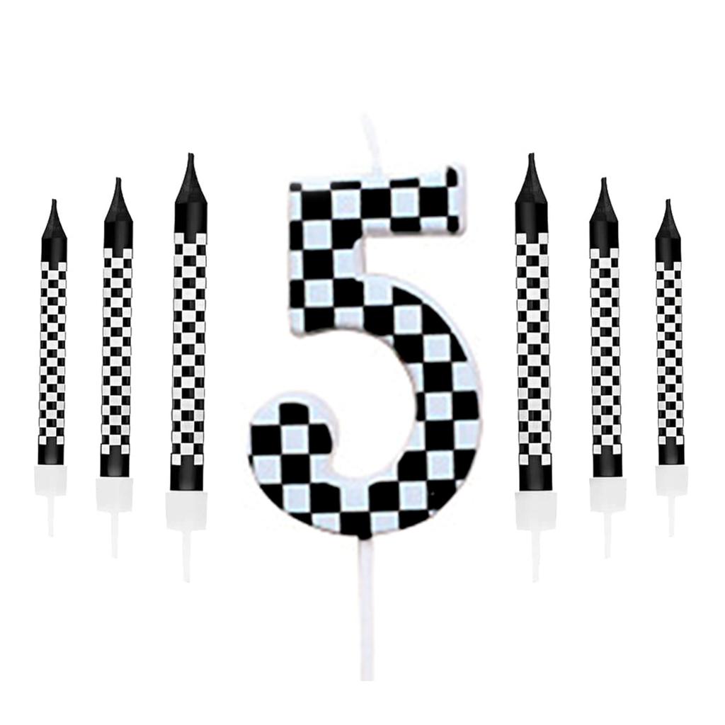 7Pcs Birthday Candles Set,Cake Numeral Candles,Racing Cars Themed Birthday Candles for Cake Candle Checkered Decoration