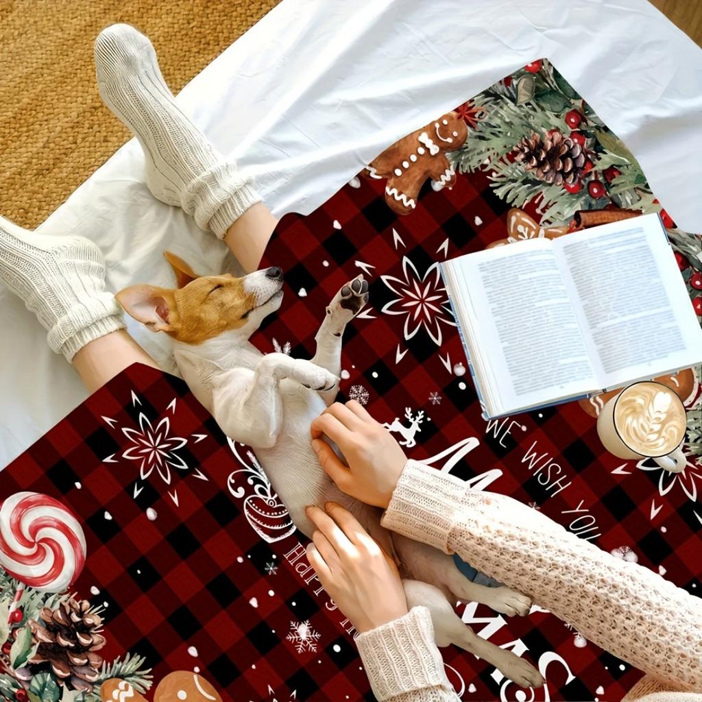 1pc Red Marry Christmas Blanket Candy Gingerbread Man Printed Skin-Friendly Soft Blanket New for Home Christmas Decoration