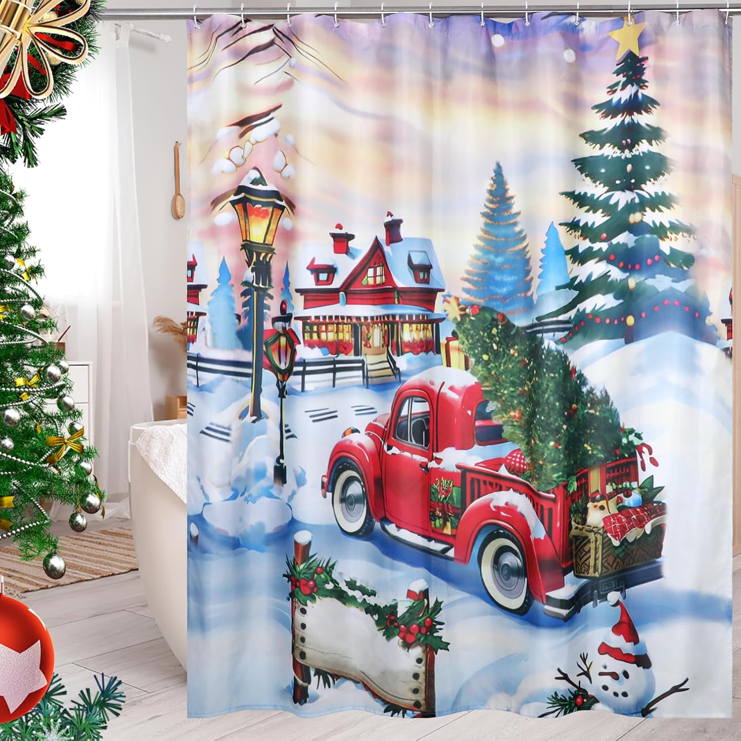 

Christmas Shower Curtain For Bathroom Winter Holiday Vintage Fabric Xmas Red Truck Farmhouse Snowman Shower Curtain Waterproof W60H190(CM)-1 Pcs