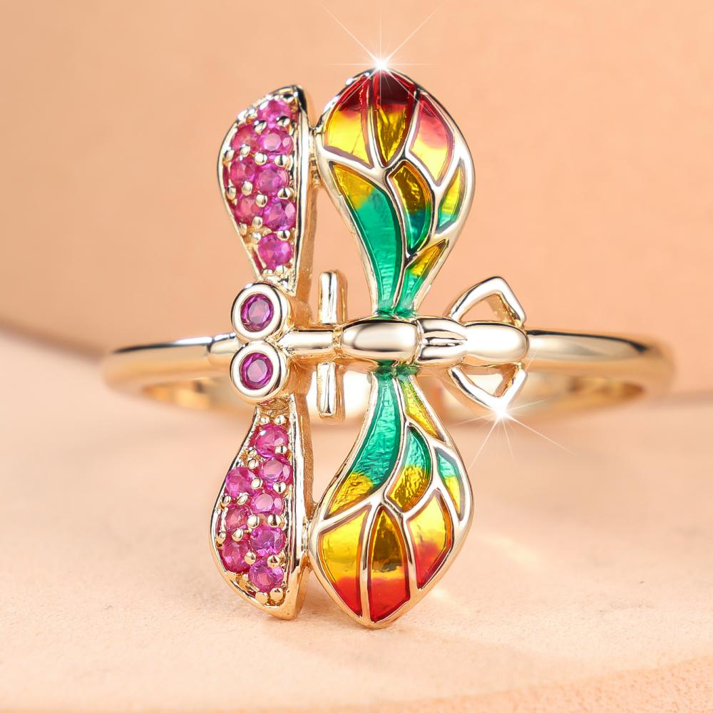Fashion Colorful Zircon Dragonfly Ring for Women Cute Gold Color Statement Jewelry Wedding Party Gift