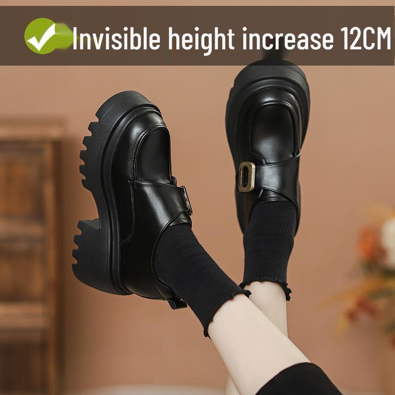 Women's Black Velcro Slip-on Height-Increasing Oxford Loafers, Thick Sole, Autumn 2025.
