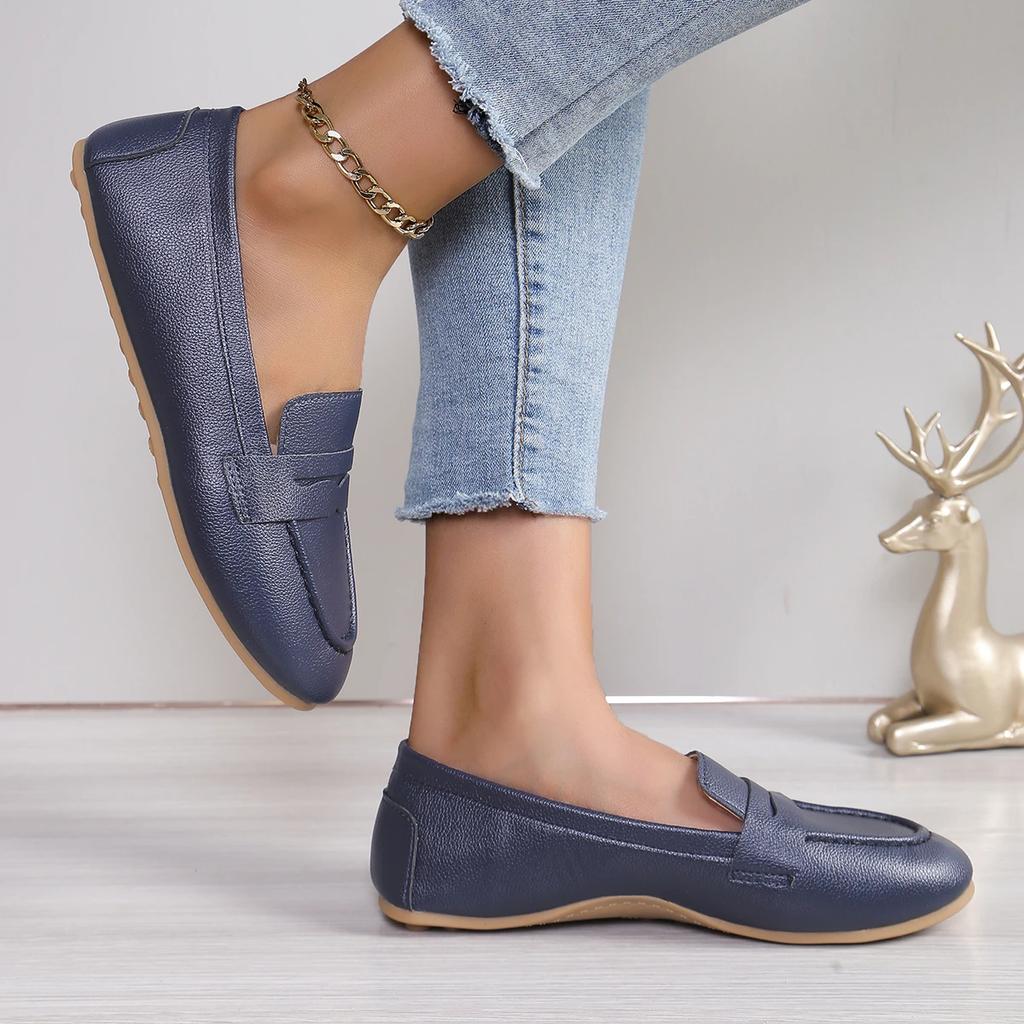 Fashion Women Shoes Soft Leather Shoes with  Loafers Dark Blue Flat Shoes Women's Casual Zapatos Mujer Flats Female Footwear Size 36-43