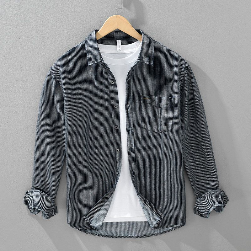 Men's Striped Cotton-Linen Shirt, Spring and Autumn Casual Comfortable Turn-Down Collar Loose Linen Long-Sleeve Versatile Shirt