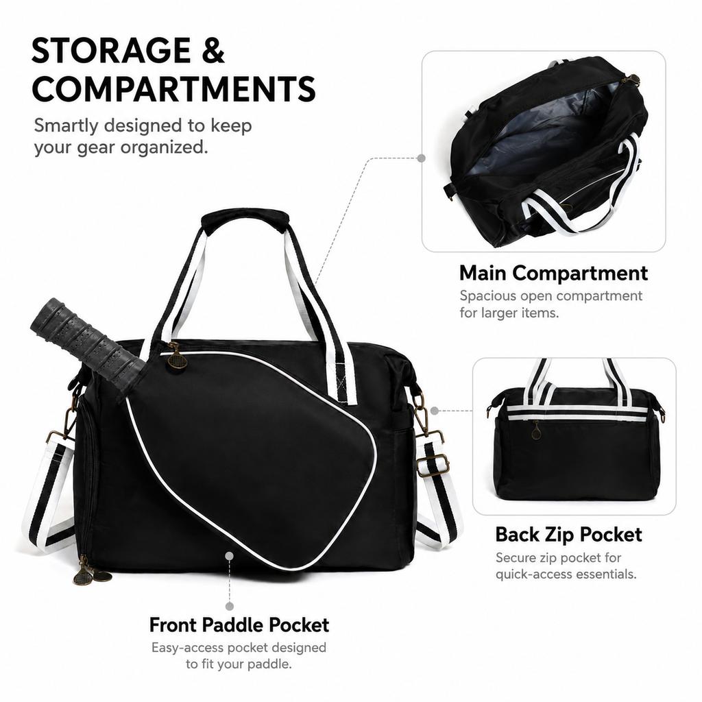 Large Capacity Pickleball Duffle Bag Detachable Crossbody Strap Front Independent Paddle Pocket Multi-Sport Sports Handbag