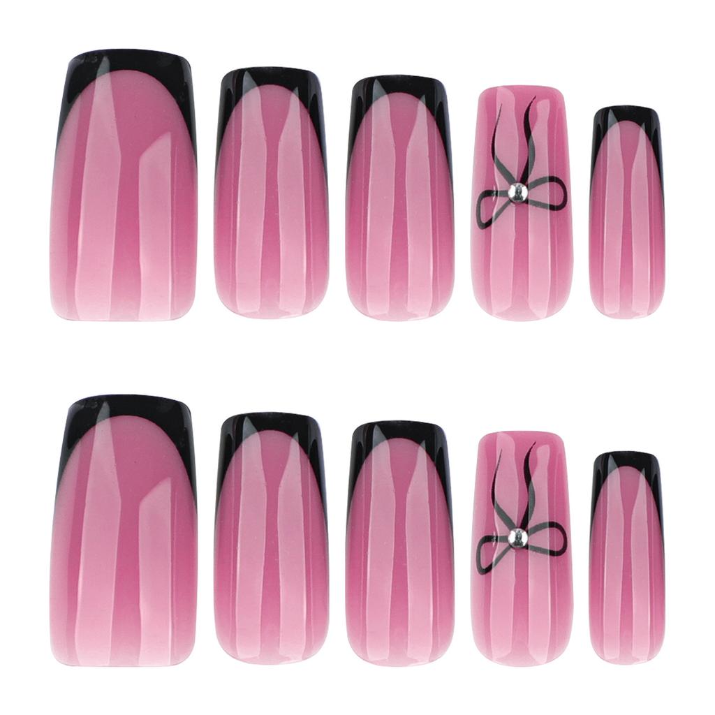 Black French False Nails With Bowknot Design 24 Pieces Resin Comfortable Fit For Women