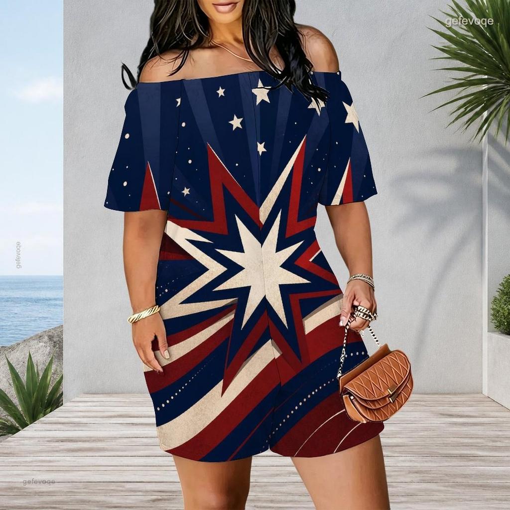 Women Plus Size Off Shoulder Short Sleeve Romper Abstract Liquid Marble Swirl Print Casual Jumpsuit Shorts