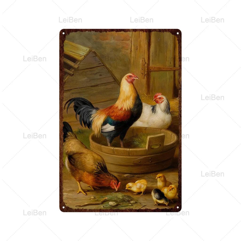 Kyckling Vintage Metallplåtskyltar Kyckling Tupp Höna Ägg Gård Staket Skylt Retro Plakett Dekorativ Plåt för Gårdstallrik Heminredning
