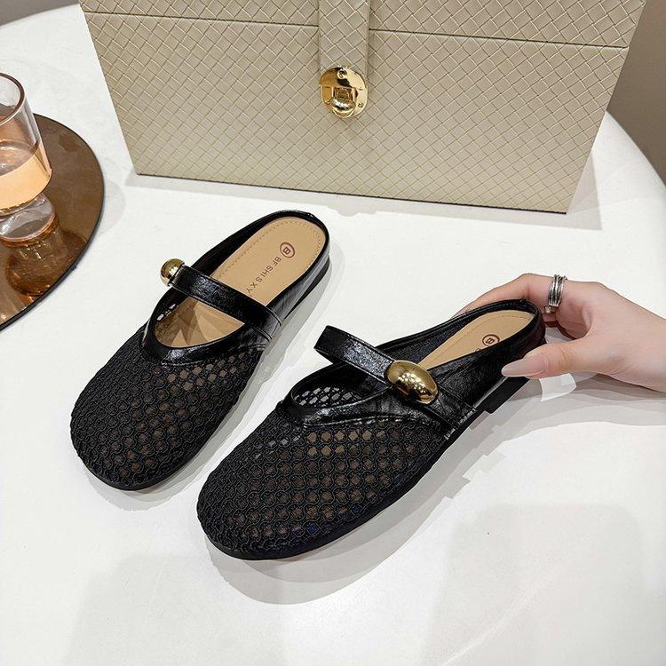 Silver flat bottom hollow bag head half slippers women's outer wear 2025 spring and summer with skirt breathable versatile cool slippers
