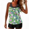 Women’s Sleeveless Tankini Set with Leaf Print Top and Solid Shorts for Swimming Beach and Pool Activities Comfortable Fit