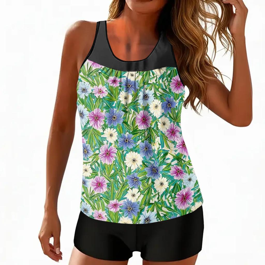 Women’s Sleeveless Tankini Set with Leaf Print Top and Solid Shorts for Swimming Beach and Pool Activities Comfortable Fit