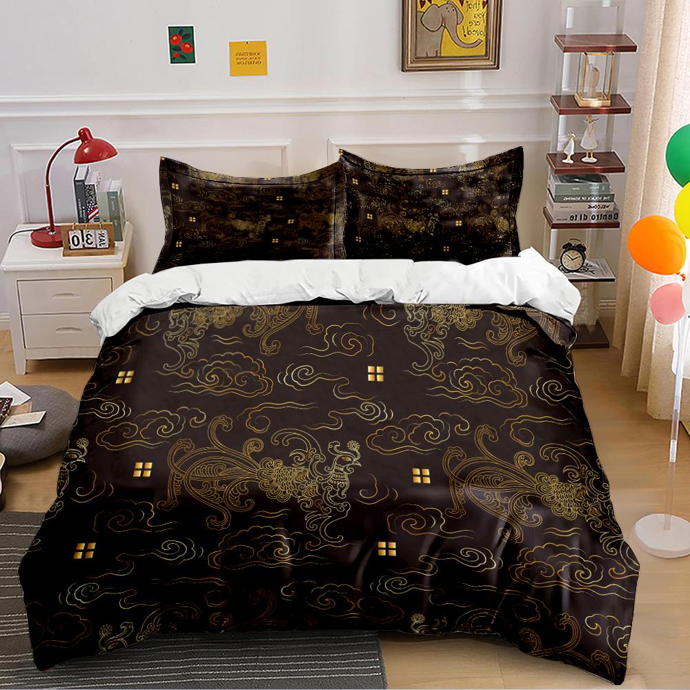 Golden Cloud & Phoenix Pattern Bedding Set Bedding set (1 duvet cover, 2 pillowcases, duvet not included)
