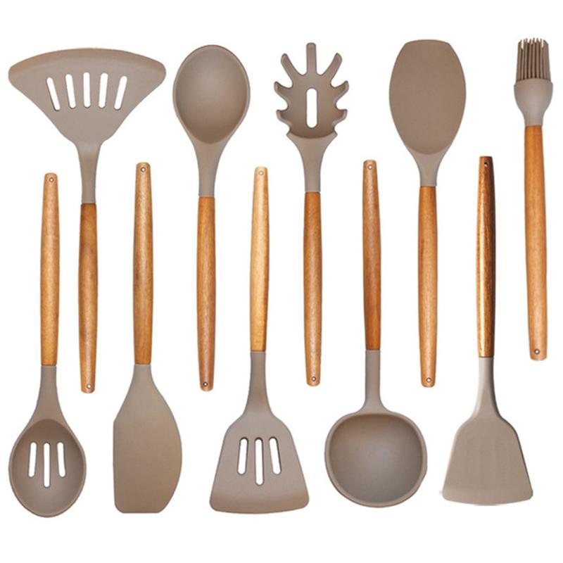 Silicone Kitchenware Set Cooking Spatula Spoon Acacia Wooden Handle Cookware Spatula High Temperature Resistance for Kitchen