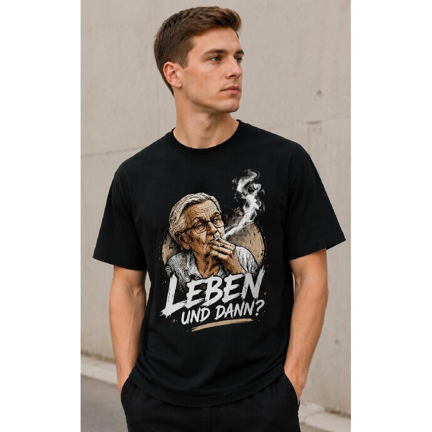 Men's Black Short Sleeve Crew Neck T-Shirt with Vintage Sketch Graphic of Smoking Elderly Man and German Text "Leben Und Dann?" for Casual Streetwear