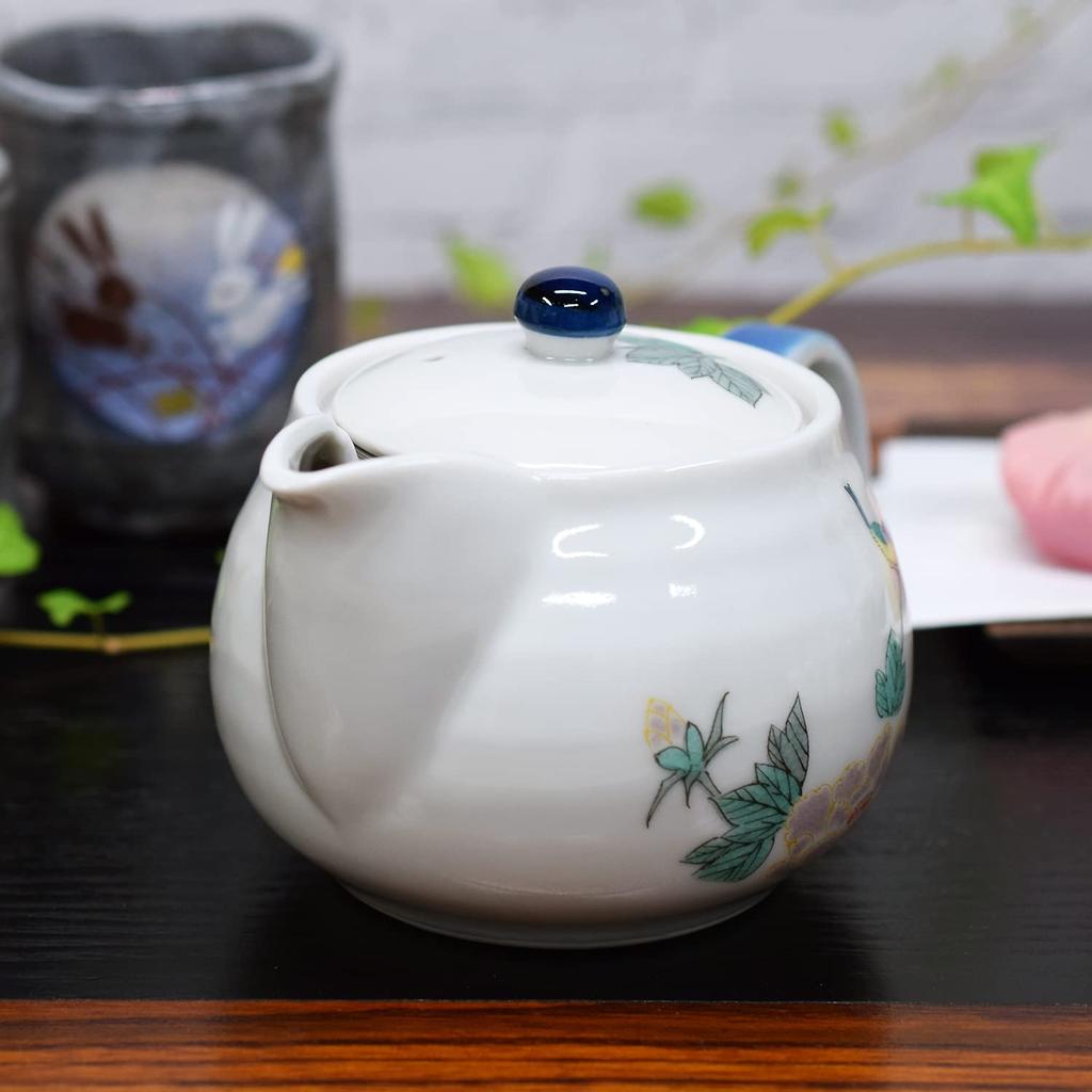 Waza no Kura Stylish Japanese Tableware Kutani Ware Teapot Pot with Bird Design and Tea Strainer Ceramic Brand Tableware Made in Japan Birthday Gift