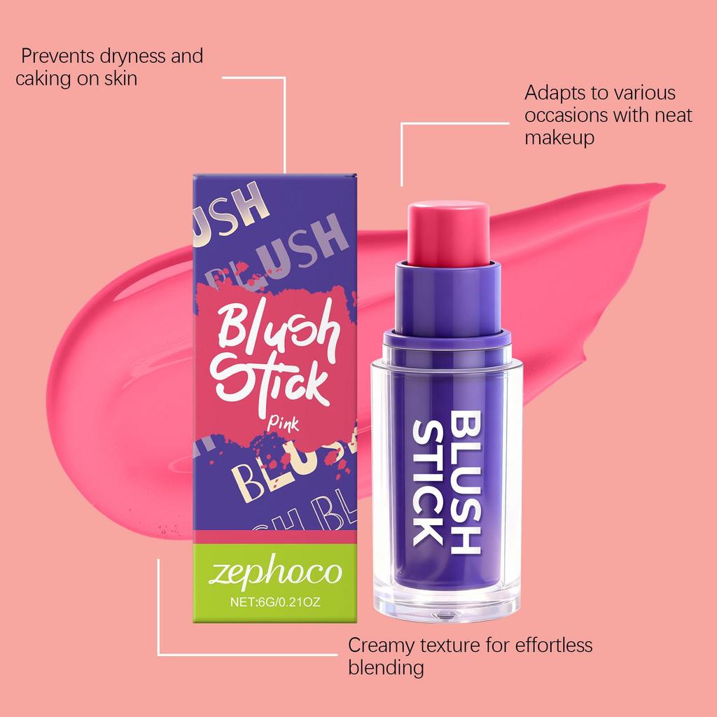 Zephoco Pink Blush Stick: Moisturizing, Silky Smooth, Natural Color for Daily Makeup.