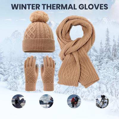 Set 3 Pezzi Cappello Sciarpa Guanti da Donna Decorazione Palla di Peluche Cappello Senza Visiera Sciarpa Lunga Set Guanti Touchscreen Accessori Invernali
