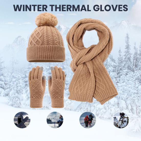 3Pcs/Set Women Hat Scarf Gloves Set Plush Ball Decor Brimless Hat Long Scarf Touch