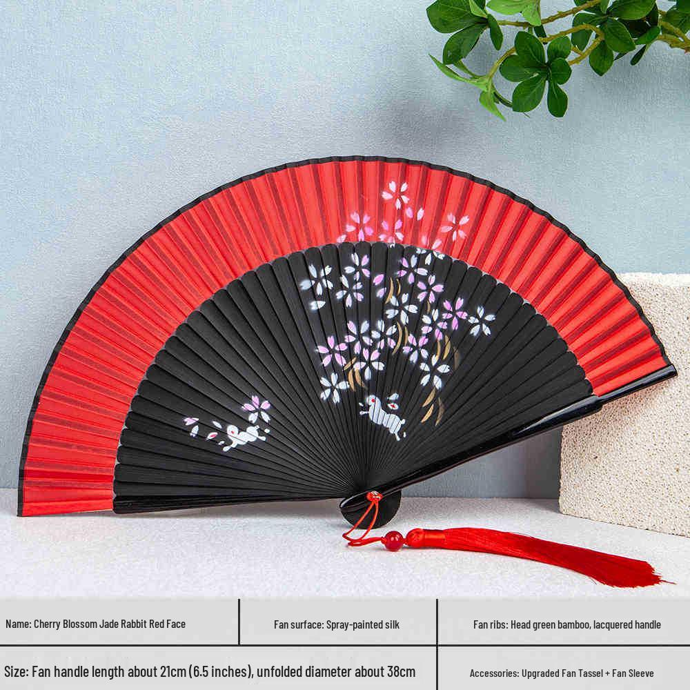 

Сі І Тан Розписаний вручну червоний шовковий складаний віяло для леді - Дизайн танцю Чжао Юань