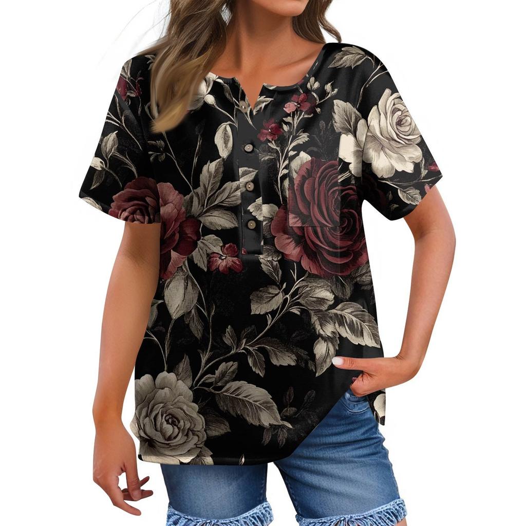 Women's Fashion Casual Short Sleeve Print Round Neck Pullover Top Blouse