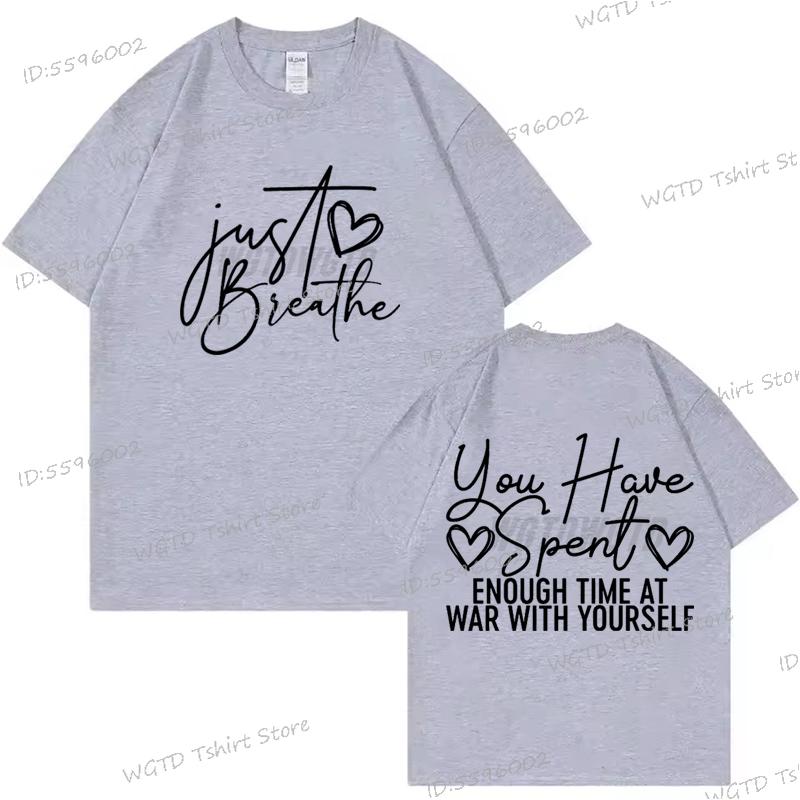 Just Breathe Heart Design T-shirt Inspirational Quotes Graphic Tee Trendy Mothers Day Gifts Positive Crewneck Short Sleeve Shirt