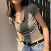 High-waisted Belly Button Curled Summer New Pure Cotton Short T-shirt Women's Short-sleeved Hot Girl Slim Shoulder Top