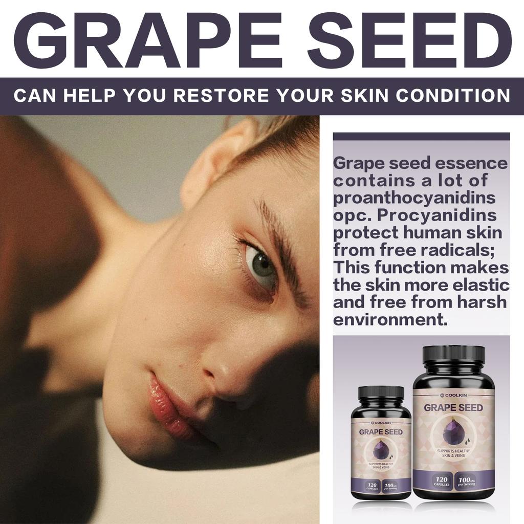 Coolkin Premium Grape Seed Extract Capsules, 95% Polyphenols, 100mg, Easily Absorbed, Gluten-Free, Suitable for Both Men and Women.