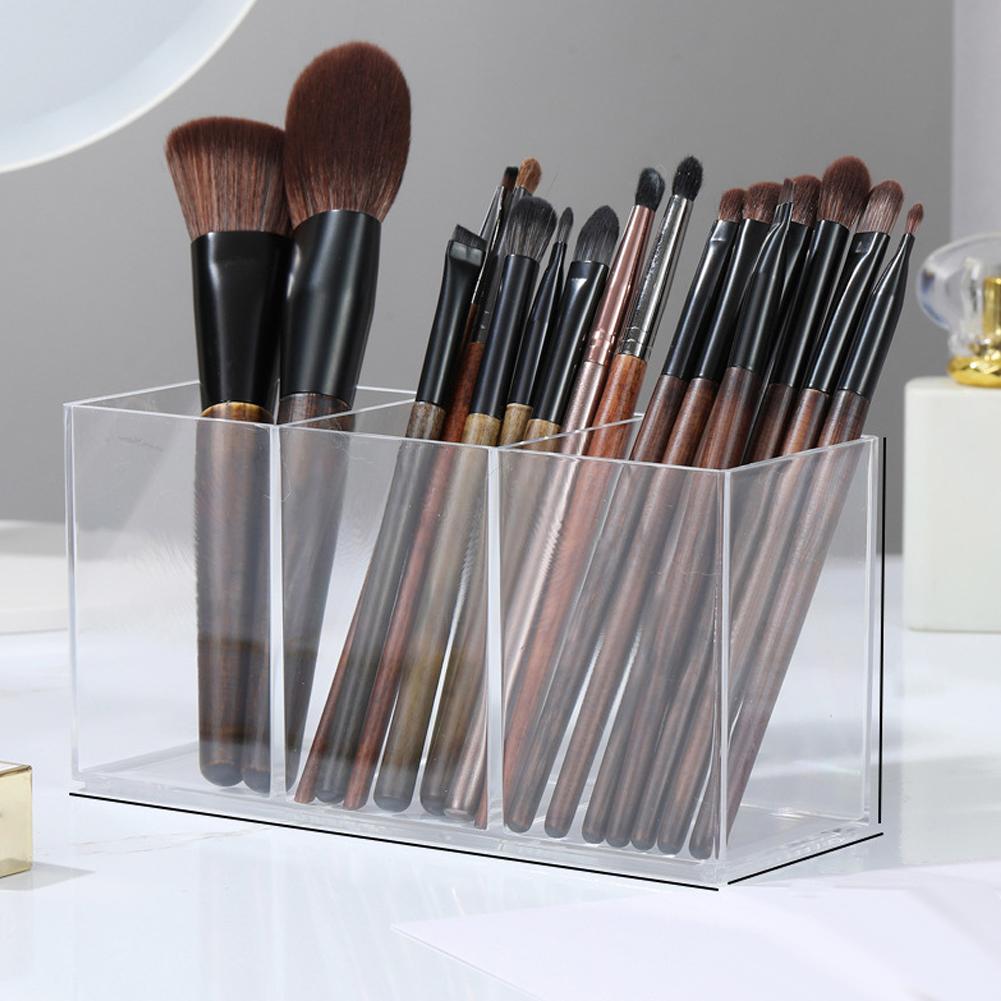 Acrylic 3-Compartment Makeup Organizer, Transparent Plastic Makeup Brush Holder, Bathroom Storage Solution for Makeup Brushes