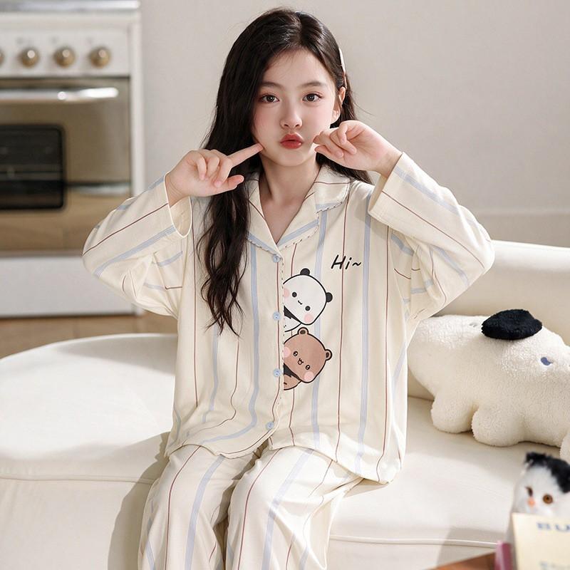 Girls Cotton Pajama Set Long Sleeve 2026 Cartoon Print Home Wear Ages 8 Comfortable Sleepwear
