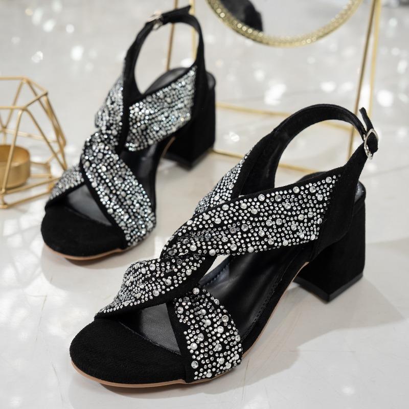 Crystal Women Heeled Sandals Woman High Heels Shoes Slingback 2025 Trend Shallow Dress Chunky Pumps Summer Zapatillas Plus Size