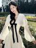 Women's French Style V-Neck Bow Patchwork Pleated Dress - White Long Sleeve Slim Fit Mini Skirt for Autumn