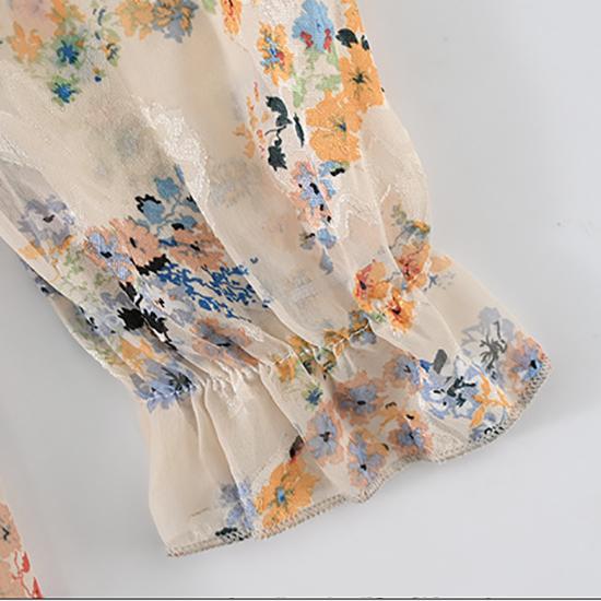 Floral Chiffon Dress Spring and Autumn Temperament Waist Slim Slimming Bow V-neck Jacquard Elegant Long Skirt