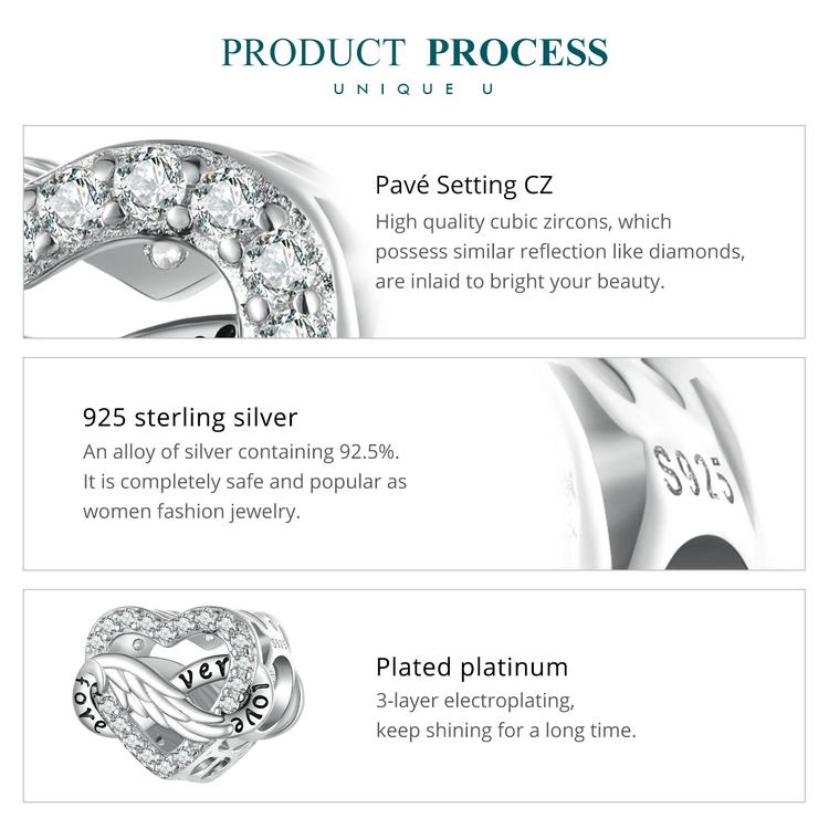 BAMOER 925 Sterling Silver Glittering  Eternal Heart Charm Beads for Women Original Bracelet and Bangle Charms Jewelry