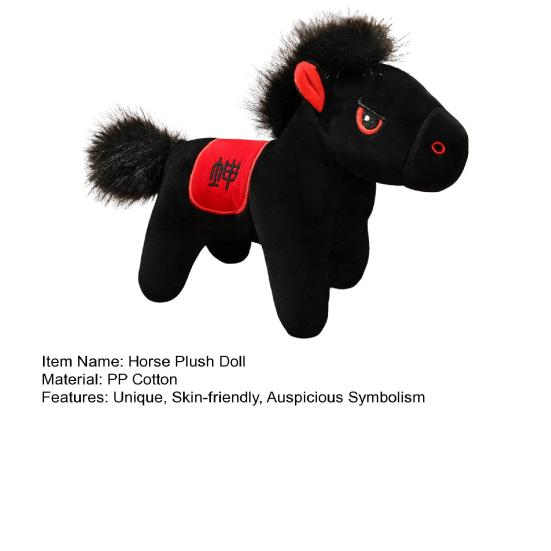 Black Horse Plush Toy Zodiac Year of The Horse Mascot Lucky Ornament Soft Stuffed Animal Doll Home Decor Car Decoration