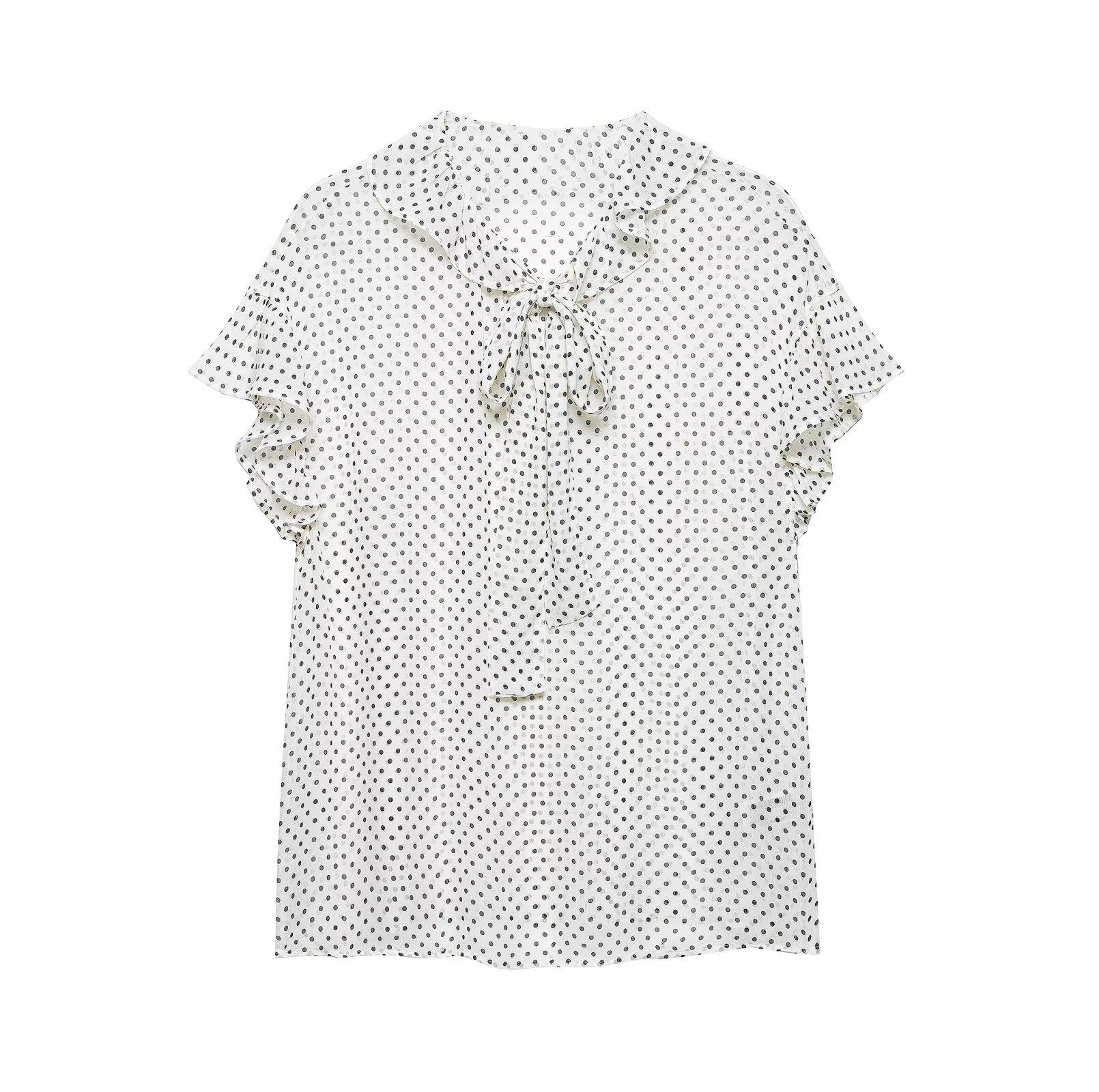 European and American style, new women s fashion, chic and fashionable short-sleeve polka dot bow shirt XS