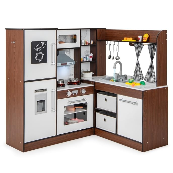 COSTWAY Play Wooden Kitchen Assembly Cookware Ice Sound Educational Pretend Copy Mini For Birthday Kindergarten Christmas Brown Kitchen, Toy, Type,